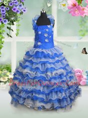 Custom Design Ruffled Ball Gowns Little Girls Pageant Gowns Blue And White Halter Top Organza Sleeveless Floor Length Lace Up