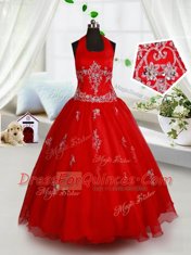 Halter Top Sleeveless Organza Pageant Gowns For Girls Beading and Appliques Lace Up