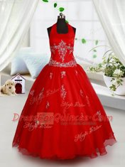 Halter Top Sleeveless Organza Pageant Gowns For Girls Beading and Appliques Lace Up
