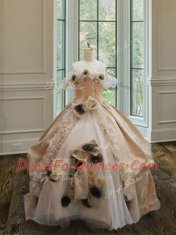 Designer Organza and Lace Off The Shoulder Sleeveless Clasp Handle Lace and Ruffles and Hand Made Flower Child Pageant Dress in Champagne
