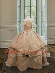 Designer Organza and Lace Off The Shoulder Sleeveless Clasp Handle Lace and Ruffles and Hand Made Flower Child Pageant Dress in Champagne