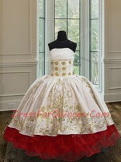 Most Popular White and Red Strapless Neckline Ruffled Layers Little Girl Pageant Gowns Sleeveless Lace Up