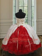 Most Popular White and Red Strapless Neckline Ruffled Layers Little Girl Pageant Gowns Sleeveless Lace Up