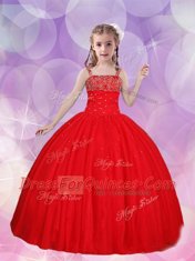 Attractive Straps Beading Kids Formal Wear Red Lace Up Sleeveless Floor Length