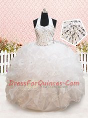 Customized White Ball Gowns Organza Halter Top Sleeveless Beading and Ruffles Floor Length Lace Up Little Girl Pageant Gowns
