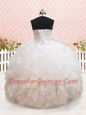 Customized White Ball Gowns Organza Halter Top Sleeveless Beading and Ruffles Floor Length Lace Up Little Girl Pageant Gowns