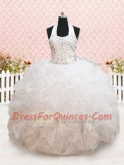 Customized White Ball Gowns Organza Halter Top Sleeveless Beading and Ruffles Floor Length Lace Up Little Girl Pageant Gowns