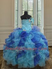 On Sale Blue Organza Lace Up Strapless Sleeveless Floor Length Flower Girl Dresses Beading and Ruffles