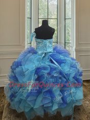On Sale Blue Organza Lace Up Strapless Sleeveless Floor Length Flower Girl Dresses Beading and Ruffles
