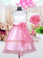 High Quality White and Pink And White Organza Zipper Scoop Sleeveless Mini Length Little Girls Pageant Dress Hand Made Flower