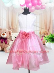 High Quality White and Pink And White Organza Zipper Scoop Sleeveless Mini Length Little Girls Pageant Dress Hand Made Flower