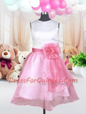 High Quality White and Pink And White Organza Zipper Scoop Sleeveless Mini Length Little Girls Pageant Dress Hand Made Flower