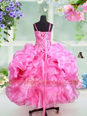 Traditional Straps Rose Pink Ball Gowns Beading and Ruffles and Pick Ups Girls Pageant Dresses Lace Up Organza Sleeveless Floor Length