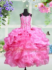 Traditional Straps Rose Pink Ball Gowns Beading and Ruffles and Pick Ups Girls Pageant Dresses Lace Up Organza Sleeveless Floor Length