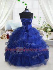 Halter Top Sleeveless Pageant Gowns For Girls Floor Length Beading and Ruffled Layers Royal Blue Organza