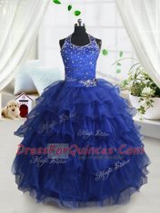 Halter Top Sleeveless Pageant Gowns For Girls Floor Length Beading and Ruffled Layers Royal Blue Organza