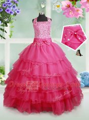 Halter Top Ruffled Floor Length Ball Gowns Sleeveless Hot Pink Flower Girl Dress Zipper