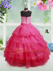 Halter Top Ruffled Floor Length Ball Gowns Sleeveless Hot Pink Flower Girl Dress Zipper
