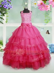 Halter Top Ruffled Floor Length Ball Gowns Sleeveless Hot Pink Flower Girl Dress Zipper
