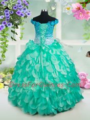 Pretty Off the Shoulder Turquoise Ball Gowns Beading and Appliques and Ruffles Little Girls Pageant Dress Lace Up Organza Sleeveless Floor Length