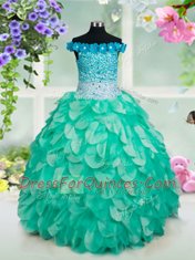 Pretty Off the Shoulder Turquoise Ball Gowns Beading and Appliques and Ruffles Little Girls Pageant Dress Lace Up Organza Sleeveless Floor Length
