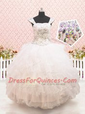 Straps Cap Sleeves Floor Length Lace Up Flower Girl Dresses for Less White for Quinceanera and Wedding Party with Beading and Ruffled Layers