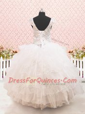 Straps Cap Sleeves Floor Length Lace Up Flower Girl Dresses for Less White for Quinceanera and Wedding Party with Beading and Ruffled Layers