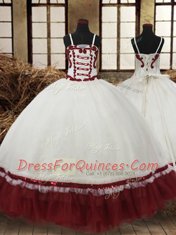 Straps Beading Little Girls Pageant Dress White and Wine Red Lace Up Sleeveless Floor Length