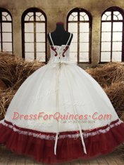 Straps Beading Little Girls Pageant Dress White and Wine Red Lace Up Sleeveless Floor Length