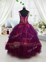 Square Dark Purple Lace Up Flower Girl Dresses for Less Beading and Ruffles and Belt Sleeveless Floor Length
