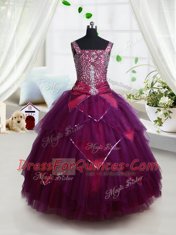 Square Dark Purple Lace Up Flower Girl Dresses for Less Beading and Ruffles and Belt Sleeveless Floor Length