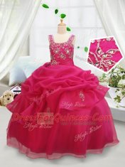 Comfortable Organza Square Sleeveless Zipper Beading and Pick Ups Child Pageant Dress in Hot Pink