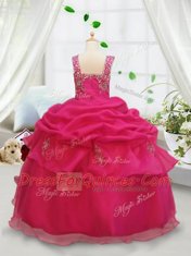 Comfortable Organza Square Sleeveless Zipper Beading and Pick Ups Child Pageant Dress in Hot Pink