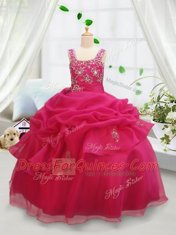 Comfortable Organza Square Sleeveless Zipper Beading and Pick Ups Child Pageant Dress in Hot Pink