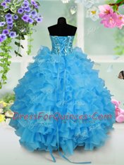 Pretty Baby Blue Flower Girl Dresses Quinceanera and Wedding Party and For with Beading and Ruffled Layers and Sequins Strapless Sleeveless Lace Up