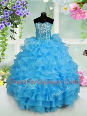 Pretty Baby Blue Flower Girl Dresses Quinceanera and Wedding Party and For with Beading and Ruffled Layers and Sequins Strapless Sleeveless Lace Up