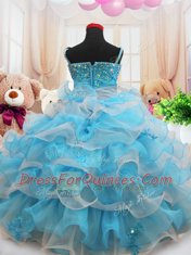 Extravagant Straps Baby Blue Organza Zipper Little Girls Pageant Dress Sleeveless Floor Length Beading and Appliques and Ruffled Layers
