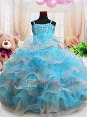 Extravagant Straps Baby Blue Organza Zipper Little Girls Pageant Dress Sleeveless Floor Length Beading and Appliques and Ruffled Layers