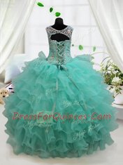 Ruffled Floor Length Turquoise Little Girls Pageant Gowns Scoop Sleeveless Lace Up