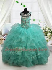 Ruffled Floor Length Turquoise Little Girls Pageant Gowns Scoop Sleeveless Lace Up