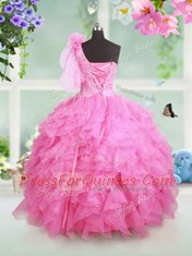 Fashionable One Shoulder Floor Length Rose Pink Child Pageant Dress Organza Sleeveless Beading and Ruffles and Hand Made Flower