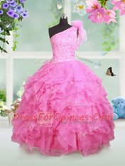Fashionable One Shoulder Floor Length Rose Pink Child Pageant Dress Organza Sleeveless Beading and Ruffles and Hand Made Flower