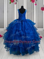 New Style Royal Blue Lace Up Scoop Beading and Lace and Ruffled Layers Little Girl Pageant Gowns Organza and Lace Sleeveless