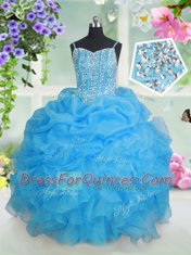 Unique Sleeveless Organza Floor Length Lace Up Child Pageant Dress in Baby Blue with Beading and Ruffles and Pick Ups