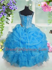 Unique Sleeveless Organza Floor Length Lace Up Child Pageant Dress in Baby Blue with Beading and Ruffles and Pick Ups