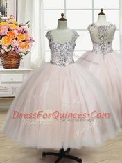 Simple Straps Cap Sleeves Zipper Flower Girl Dresses for Less Pink Tulle