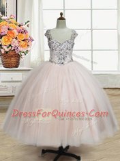 Simple Straps Cap Sleeves Zipper Flower Girl Dresses for Less Pink Tulle