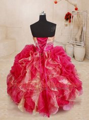 Red Lace Up Sweetheart Beading and Ruffles Flower Girl Dresses Organza Sleeveless