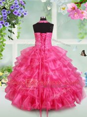 Halter Top Sleeveless Child Pageant Dress Floor Length Beading and Ruffled Layers Hot Pink Organza