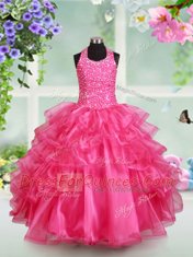 Halter Top Sleeveless Child Pageant Dress Floor Length Beading and Ruffled Layers Hot Pink Organza